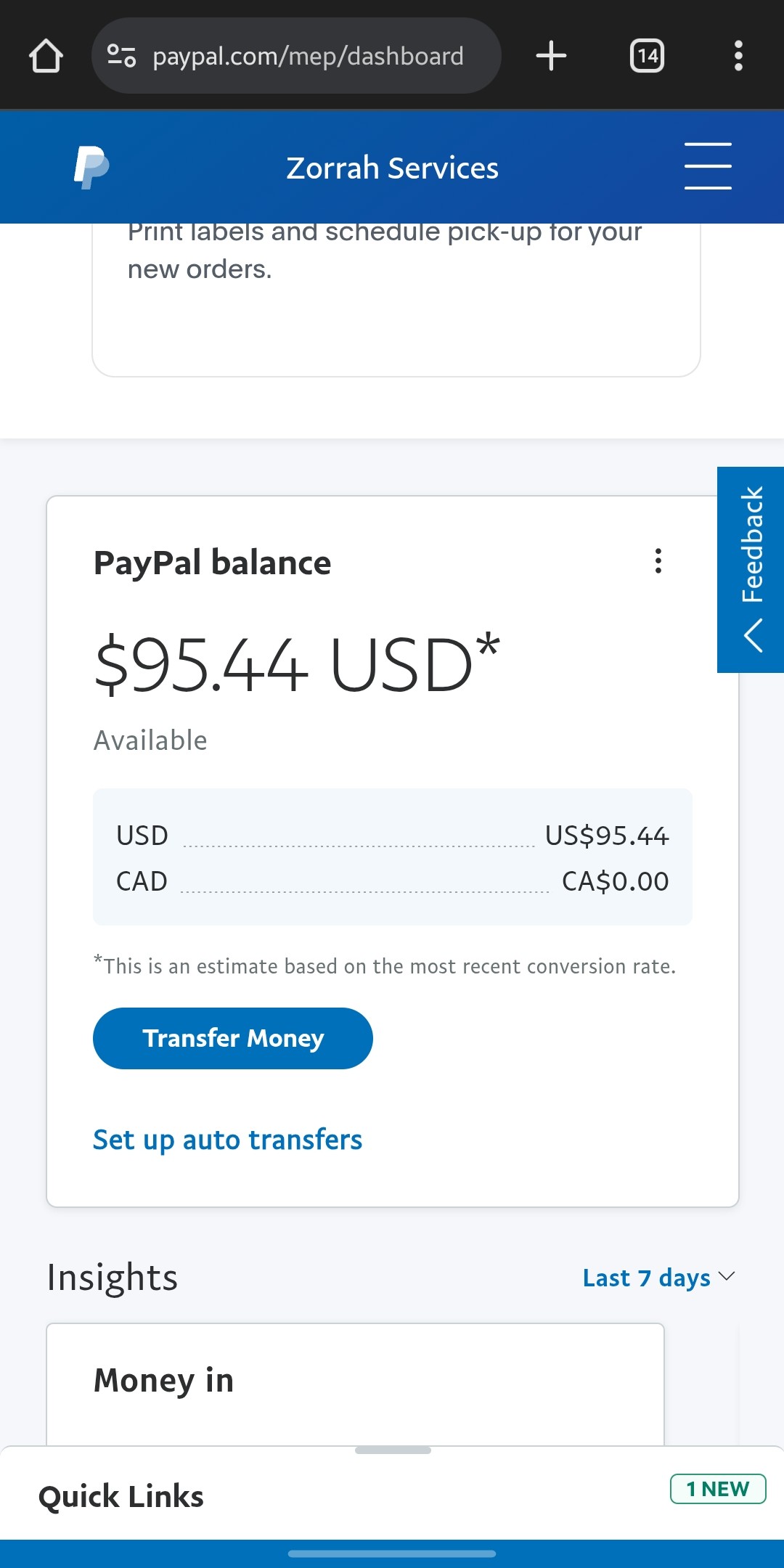 Paypal Account Dashboard
